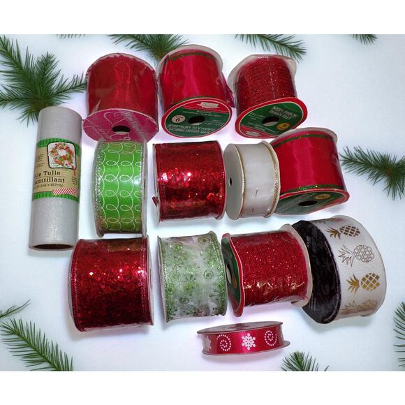 Christmas Winter (13) Ribbon Spool Lot Wire Edge Red Sequin Sparkle Tulle New - Picture 2 of 5